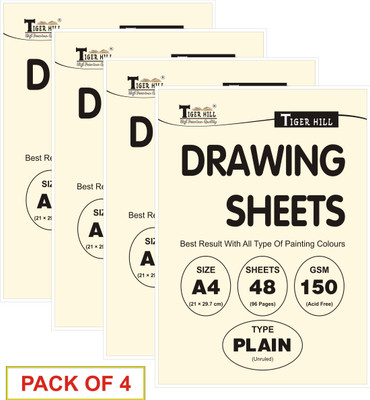 TigerHill DRAWING SHEETS (150 GSM) (48 SHEETS) (29.7 cm × 21 cm) A4 Journal Plain 96 Pages(Off White, Pack of 4)
