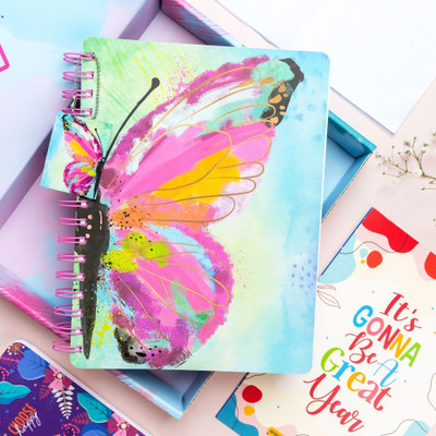 Doodle Start Anytime of the Year | Undated B5 Planner with 200+ Stickers & Pocket Notebook | Graceful Wings - Ruled 268 Pages(Pink, Blue)