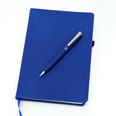 UJJi Metal Pen with Notebook Set in PU Leather with Elastic Closure and Pen Loop A5 Gift Set Ruled 186 Pages(Blue, Pack of 2)