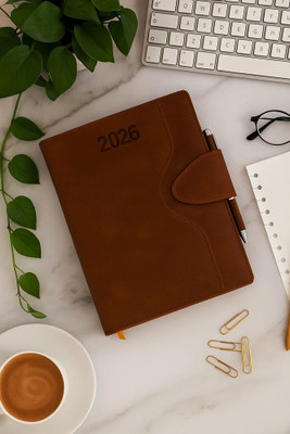 Picso PU Leather Finish Hard Bound Executive Notebook Diary Monthly Planner Regular Diary with Pen Holder & Loopy, Size 24 x 18 Cm, 80 GSM, Diary 2026 ,Ruled 344 Pages(Brown)