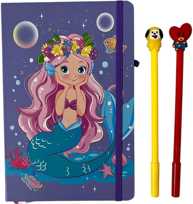 Wahejoy Mermaid Hard Bound Diary (22x15 cm) & Any 2 Cute Fancy Pens A5 Notebook Ruled 100 Pages(Purple)