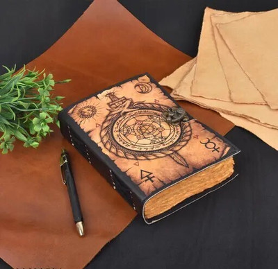 ARSHAD HANDICRAFT Old Chakra Printed Leather Journal - Book of Shadows A5 Diary Plain 200 Pages(Yellow)