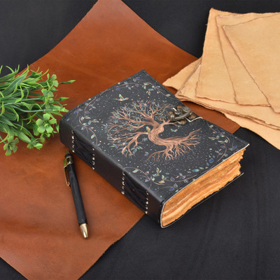 Bonjour Store Blank Old Tree Book Journal With Lock Clasp Prop Vintage Handmade Leather Diary A5 Diary 200 300 Pages(Black)