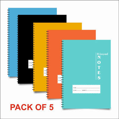 RLanyard Spiral Notebook,(pack of 5) A4 Note Book unruled/plain, Notebook for Students, 1000 Pages(Black,blue, orange, yellow, sky blue)