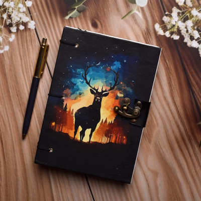 Al Zohra Handicraft Leather Cardboard Deer Print Special Binding A5 Diary Notebook A5 Notebook Unruled 200 Pages(Multicolor)