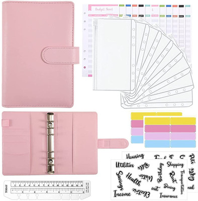 HASTHIP A6 PU Leather File Folder Ring Binder Notebook Set,Diary Notebook for Girls A6 Notebook Checks 100 Pages(Pink)