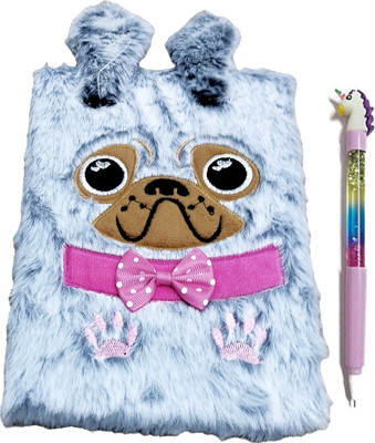 TECHNOCHITRA Cutie Dog Style Fur Diary Notebook with Unicorn Water Pen for girls A5 Notebook Ruled 90 Pages(Multicolor)