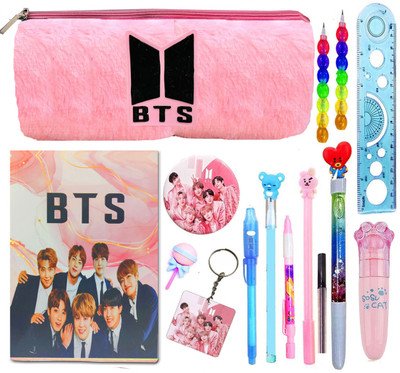 TITIRANGI BTS Stationery Set for Girls BTS Return Gifts for Birthday for Kids Stationery A5 Notebook Set for Kids BTS Theme Return Gift Items for Boys Pencil Box with All Stationary 80 Pages(Pink)