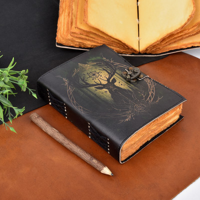 Bonjour Store LEATHER STORE Leather Handmade Journal Diary Couple Deer Engraved Design A5 Diary 200 200 Pages(Black)