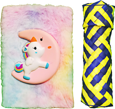 Ecommz Palm leaf Pouch with 3D Fur Unicorn Regular Diary Ruled 80 Pages(3D pink)