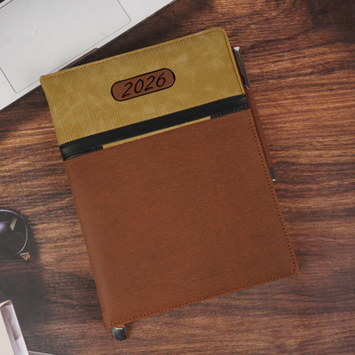 Erminio Palamino 2026 Premium Executive Diary/Journal, Brown Leather Cover with Corduroy Accent B5 Diary Ruled 365 Pages(Brown)