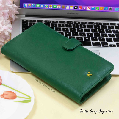 NEORAH PETITE Notebook SLEEVE with SNAP + JOURNAL |Faux Leather + Penloop|4 Card Slots Assorted Organizer DOTGRID 160 Pages(Dark Green)