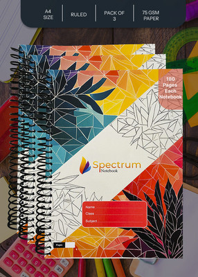 SPECTRUMNOTEBOOK Spiral Notebook A4 Notebook Ruled 180 Pages(Red, Pack of 3)