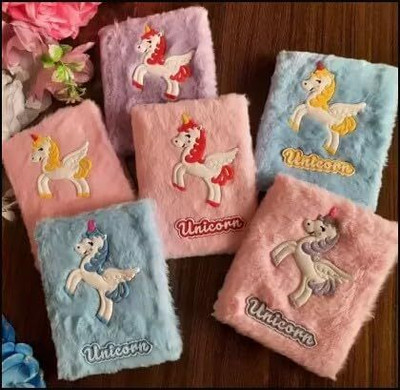 MAVB Unicorn Design Soft Fur Diary – Rainbow Themed Writing Book A5 Diary SINGLE 80 Pages(Pink)