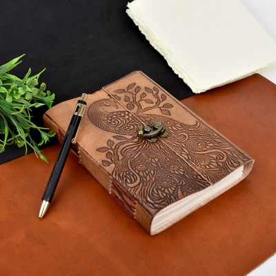 Bonjour Store Leather Journal Diary with Bronze C Lock, Vintage Leather Dair A5 Diary 100 200 Pages(Light Brown)