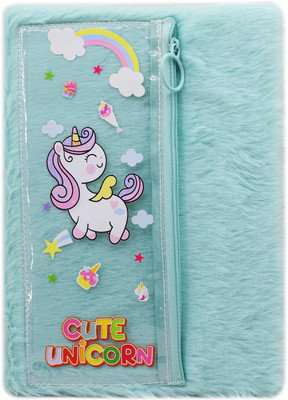 Kidizkart Unicorn Fur Diary with Inbuilt Pouch A5 Diary Ruled 70 Pages(Blue)
