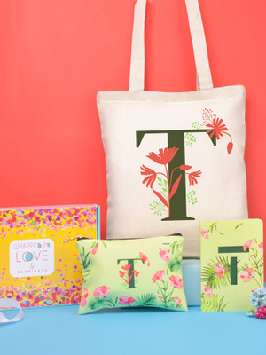 Doodle Monogram Diary Gift Set with Tote Bag and Pouch | Soft Bound Ruled B6 Notebook Stationery Gift Set for Girls and Women | Initial I - 192 Pages(Pink/Pastel Green, Pack of 3)