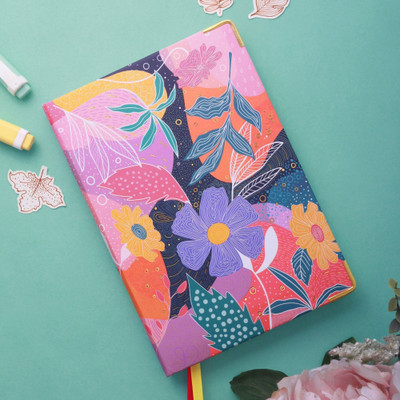 Doodle Premium Hard Bound Flower Fiesta A5 Notebook With Metal Corners | Ruled 160 Pages(Purple and Pink)