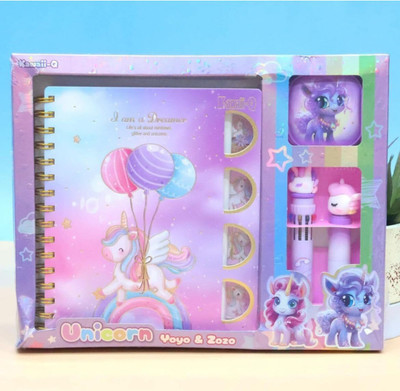 Radhya Accessories Unicorn Theme Beautiful A5 Size Diary With Highlighter Notebook & 10 in 1 Pen A5 Diary Ruled 100 Pages(Purple)