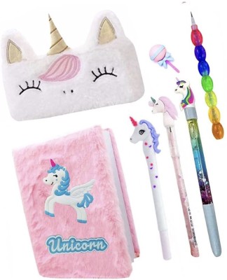 boombasket Unicorn Combo-7 Pcs Fur Diary/Fur Pouch/Pen/Pencil/Water Pen/Eraser Gift Set A6 Diary Ruled 80 Pages(Multicolor, Pack of 7)