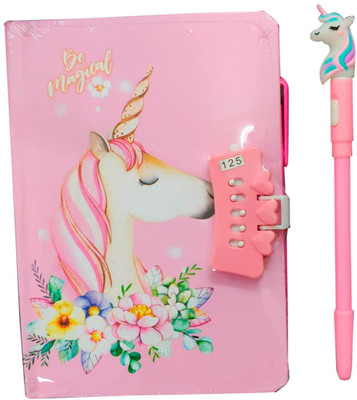 JELLIFY Unicorn Lock Diary Notepad For School & College A5 Diary Rule 100 Pages(Pink)