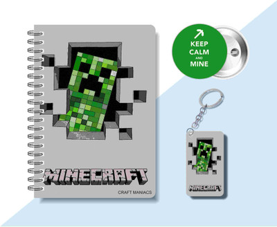 craft maniacs MINECRAFT DIARY & ONE KEYCHAIN & BADGE A5 Diary RULED 120 Pages(Multicolor)