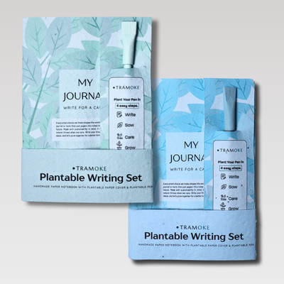 Tramoke Plantable Writing Kit | Writing Journal and Plantable Seed Pen | Basil & Fower A5 Gift Set Plane 40 Pages(Blue, Green, Pack of 2)