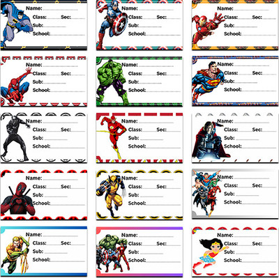 RINKON School Notebook Labels Superheros (Count 30) School Name Stickers Label Students Regular Notebook Printed 1 Pages(Multicolor, Pack of 30)