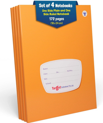 Target Publications Single Line One Side Ruled & One Side Blank Notebooks|172 Pages|18x24cm|Set of 4 A5 Notebook Single line 688 Pages(Orange, Pack of 4)