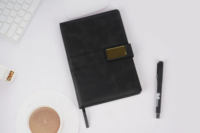 Diaro Elegant Imported PU Leather Diary with Magnetic Closure and Pen Holder A5 Note Book Ruled 208 Pages(Black)