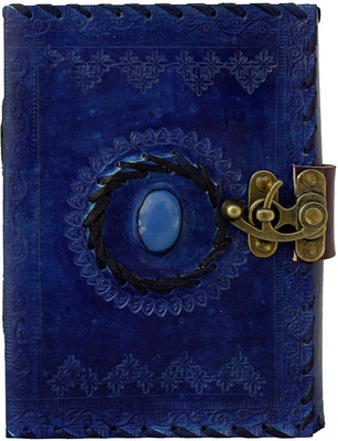 Dev HC Leather Handmade Stone Lock Diary with Unlined Pages Embossed Diary A5 Diary Plain 100 Pages(Dark Blue)