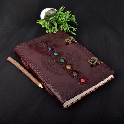 Bonjour Store Real Leather Green Stone Embossed Handmade Diary A5 Diary 100 200 Pages(Brown)