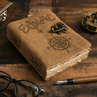 DI-KRAFT Leather Cover Engraved Diary With Metal Lock Daily Use Journal A5 Diary unruled 100 Pages(Brown 16)