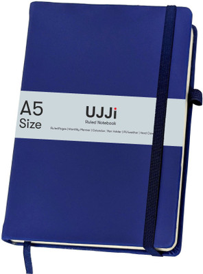 UJJi Navy Blue Colour Notebook in PU Leather with Elastic Closure and Pen Loop A5 Notebook Ruled 186 Pages(Navy Blue)