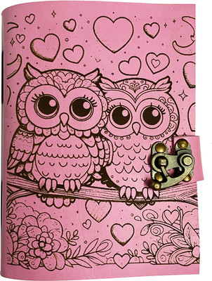 DI-KRAFT Owl Engraving Leather journal with metal lock 100 pages A5 size A5 Diary Unruled 100 Pages(Pink)