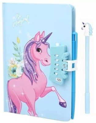 RHINETOYS Unicorn Password Lock Diary with Unicorn plain Pen A5 Diary Ruled 50 Pages(Blue, Pack of 2)