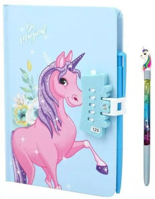 RHINETOYS Unicorn Password Lock Diary with Unicorn glitter Pen A5 Diary Ruled 50 Pages(Blue)