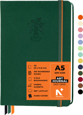 NEORAH ART JOURNAL | Dotgrid Notebook | 3 Bookmarks |Elastic Closure, Inner BackPocket A5 Journal DOTTED 160 Pages(Dark Green)