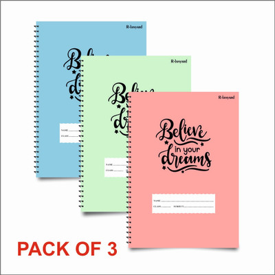 RLanyard Spiral A4 Notebook unruled/plain, Notebook for Students,(Pack Of 3) 600 Pages(Pink, green, blue)
