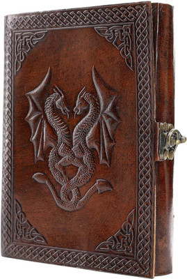 Prathak Exports PE Lock Leather Handmade Diary Embossed Dragon Design with Unlined Pages A5 Journal Plain 100 Pages(Brown)