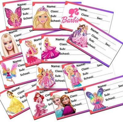 RINKON School Notebook Labels Barbie (Count 30) School Name Stickers Label Students Regular Notebook Printed 1 Pages(Multicolor, Pack of 30)