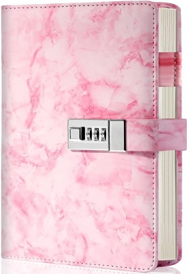 Dhvyant Mart PU Leather Wided Ruled Marble Print Diary with Digital Password Lock A5 Diary Single Rule 200 Pages(Pink)