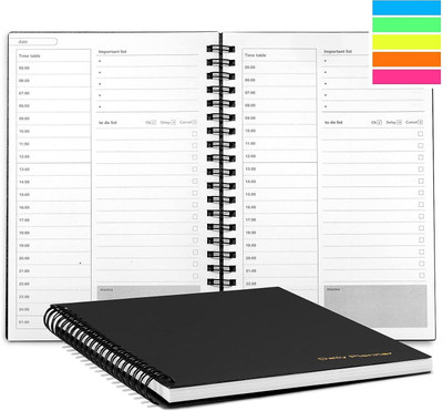 TWONE Daily Planner Undated Hourly Planner, Time Management Manual and Planner A5 Planner Ruled 60 Pages(Black A5)