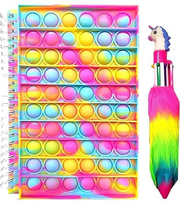 Timbktoo Pop It Up Stress Relief Diary and Unicorn Themed 6 in 1 Multicolor Fur Pen Combo A5 Diary Ruled 120 Pages(Multicolor)