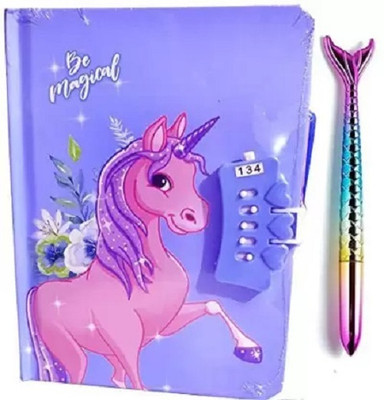 HornFlow Unicorn Diary with Number Lock with Pen for Girls Diary for Girls A5 Diary Unruled 140 Pages(Purple)