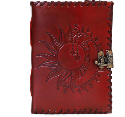 KRISHNA HANDICRAFTS Leather Handmade Lock Sun and Moon Diary with Unlined Pages For Office and Gift A5 Diary Plain 100 Pages(Brown)