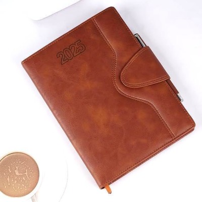 Excel PU Leather Finish Hard Bound 2025 Executive Diary Planner Sunday full page B5 Diary with Pen Holder (Cover Design may be Different) Ruled 366 Pages(Brown)