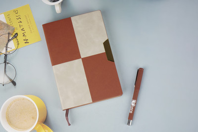 Diaro Stylish Diary with Checkered Pattern, Flexible Cover & Ribbon Bookmark A5 Notebook Ruled 208 Pages(Brown & Grey)