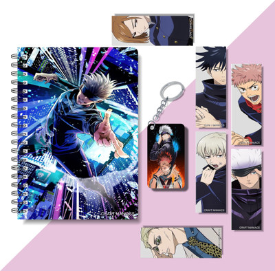 craft maniacs 2024 JUJUTSU KAISEN DIARY ,6 FREEBIE BOOKMARKS & ONE WOODEN KEYCHAIN A5 Notebook RULED 160 Pages(Multicolor)