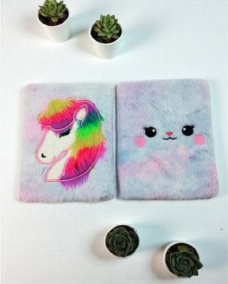 Eclet 2pcs Soft Cute Fur Diary for Girls/boys Personal Diary A5 Diary Furry Diary for Girls Fur Cover Notebook with Ruled Page 80 Pages(Multicolor)